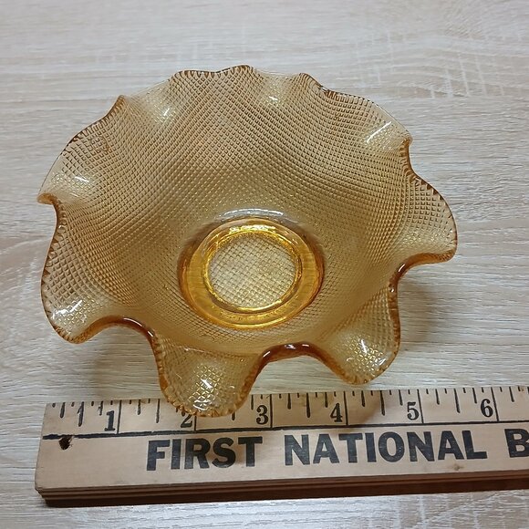 Vintage Amber Glass Ruffled Edge Crosshatch Grid Pressed Glass Decorative Bowl - Picture 4 of 10